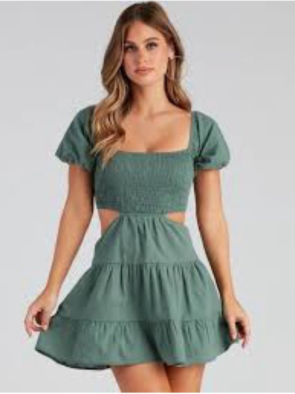 Smocked Puff-Sleeve Cutout Mini Dress in Sage Green